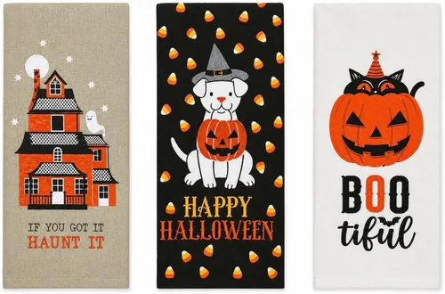 Vista 19 de Haunted - Juego de toallas de mano de cocina de Halloween: Jack O' Lantern Orange Terry Loop, lazo de rizo de punto blanco elevado, diseños
