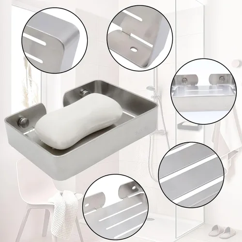 Vista 2 de Jabonera de acero inoxidable plateado para jabón montado en la pared con tornillos, jabonera resistente para barra de jabón elegante soporte