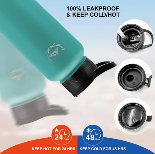 Vista 11 de NATURE PIONEOR Botella de agua aislada de 32 onzas con bolsa de transporte y 3 tapas Qine Verde