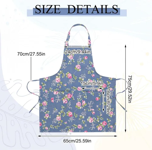 Vista 2 de Auidy_6TXD Paquete de 3 delantales florales para mujer, delantales de cocina ajustables con 2 bolsillos, delantal vintage con diseño floral de rosa