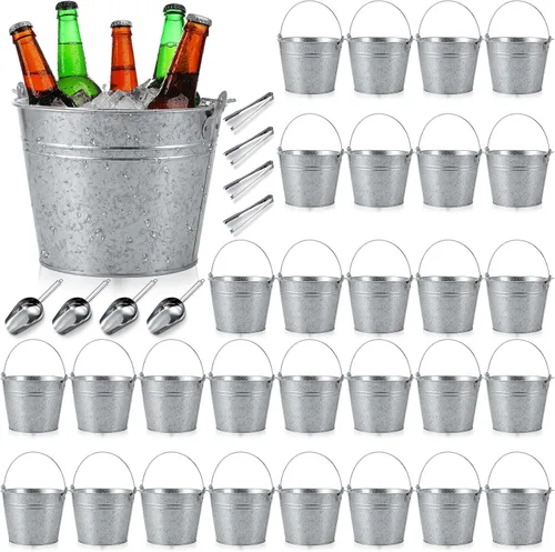 Vista 15 de Zopeal Juego de 24 cubos de cerveza galvanizados, 16 cubos de metal con 4 cucharadas y 4 pinzas, cubo de hielo rústico de 7 pulgadas para fiestas