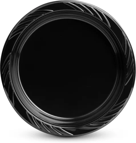 Vista 2 de Munfix Juego de 200 Platos de Plástico Negro - Paquete a Granel de 200 Platos de Cena Desechables de 9 Pulgadas para Fiestas, Barbacoas, Picnics