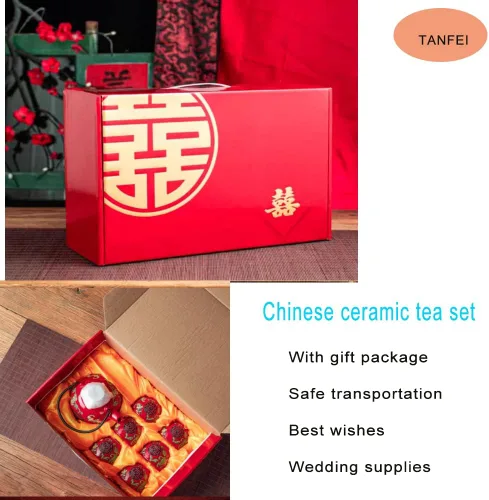 Vista 6 de Juego de té de cerámica tradicional chino de la boda retro rojo doble felicidad tetera taza de té recién casados regalo suministros de boda