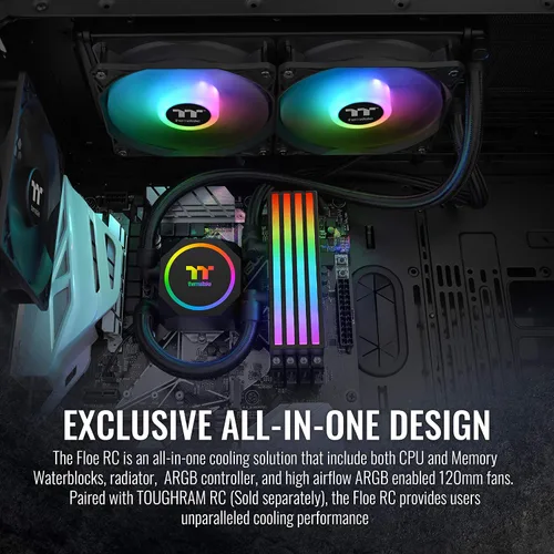 Vista 3 de Thermaltake Floe RC240, AMD (AM5/AM4) / Intel (LGA 1700/1200), TT RGB Plus Software/Sincronización de placa base controlada ARGB, 9.449 in PWM