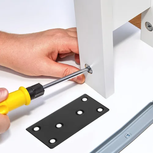 Vista 4 de Placas planas de reparación, 8 placas rectas planas de metal negro, soportes de fijación de unión, placas de fijación planas para madera, estantes