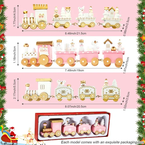 Vista 2 de Syhood 4 piezas de tren de madera rosa de Navidad mini decoración de tren pintado alrededor del árbol para niños, adorno de escritorio de madera