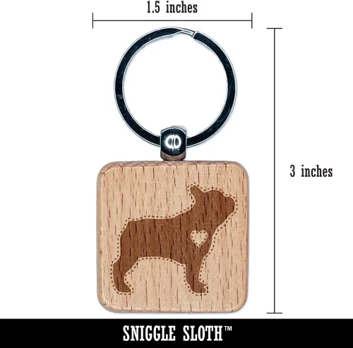 Vista 2 de Sniggle Sloth Llavero cuadrado de madera grabado con diseño de perro bulldog francés con corazón, Madera clara