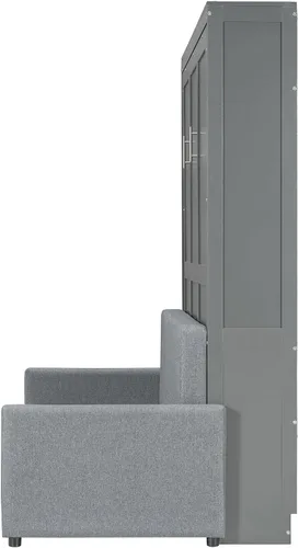 Vista 8 de Cama Murphy de tamaño completo, cama Murphy de madera con cojín, cama de pared con sofá para oficina en casa o habitación pequeña, gris