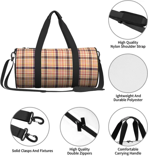 Vista 4 de Large Duffle Bag for Travel - Retro Beige Plaid Print Gym Bag for Women Men, Travel Foldable Bags for Women Men with Zippered Multiple Pockets