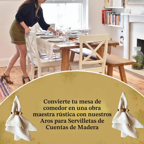 Vista 5 de Juego de 6 servilleteros modernos con cuentas de madera Servilleteros de cena para vacaciones y Navidad, fiesta de cumpleaños y decoración de boda