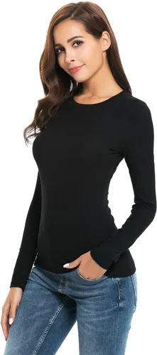Vista 3 de Camiseta de manga larga para mujer, cuello redondo, rayón, ajustada, elástica, para mujer