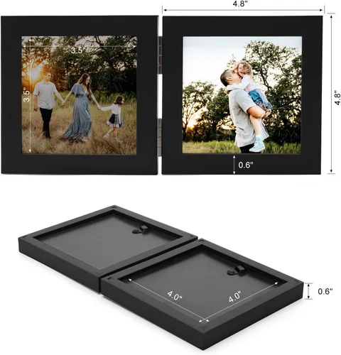 Vista 2 de Marcos de Fotos Dobles 4x4 con Bisagras Plegables en Negro para Colgar en la Pared o Poner en Mesa, Hechos de Madera de Pino con Vidrio Real P-44 *