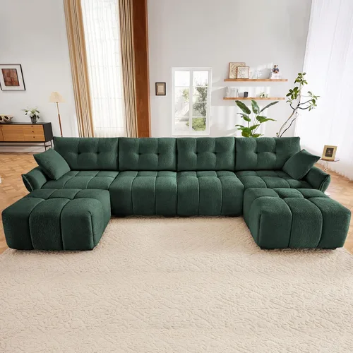 Vista 22 de Leyu&Hafort Sofá modular seccional, sofá modular Cloud con asiento profundo, moderno sofá modular con otomana móvil, sofá de felpilla con almohadas