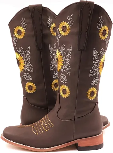 Vista 4 de SO SIMPOK Botas vaqueras bordadas con diseño de girasol dulce para mujer, estilo retro, estilo occidental, tacón grueso a media pantorrilla