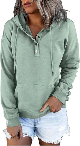 Vista 107 de Sudaderas con capucha para mujer, con cuello de botón, sin botones, con cordón, manga larga, lindas, ropa para adolescentes y niñas