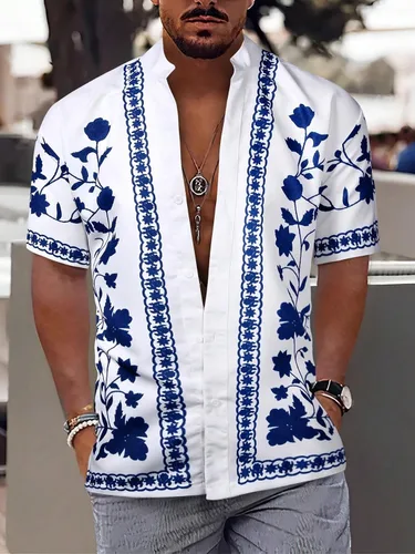 Vista 5 de WDIRARA Camisa de manga corta con botones y estampado floral para hombre
