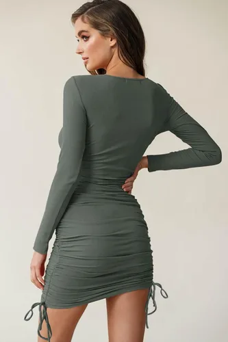 Vista 4 de Imysty - Vestido corto de fiesta para mujer con cordón fruncido, elástico, acanalado, manga larga y estilo casual para fiesta