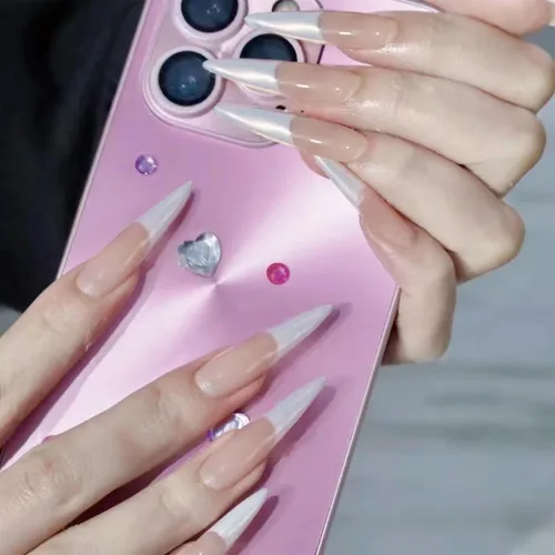 Vista 23 de SINHOT - Juego de 24 uñas postizas a presión extralargas, con forma de almendra, acrílicas, con pegamento, de cobertura completa, con diseños