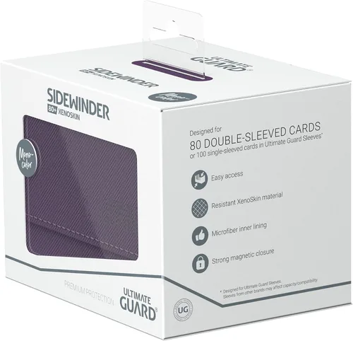 Vista 7 de Ultimate Guard Sidewinder 80+, caja de almacenamiento para 80 cartas TCG con doble funda, púrpura, cierre magnético y forro interior de microfibra