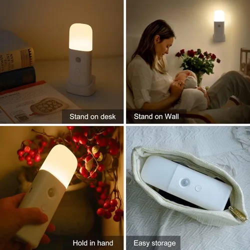 Vista 7 de CREWEEL Luces nocturnas con sensor de movimiento para interiores, luz nocturna recargable, funciona con pilas, luz nocturna portátil con brillo