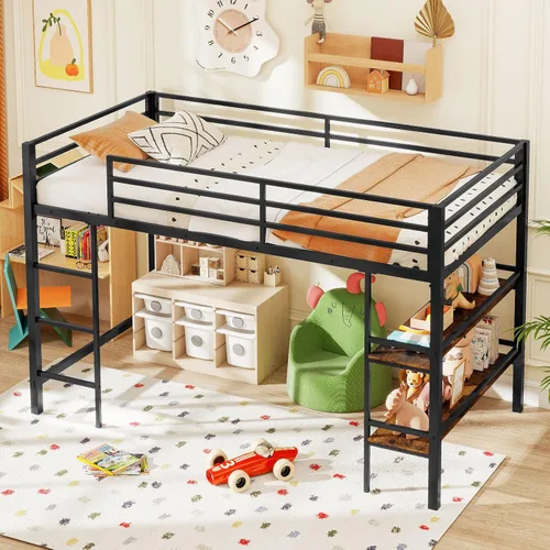 Vista 9 de Giantex Cama baja tipo loft tamaño individual, marco de metal resistente con estantes de almacenamiento, escalera y barandillas de longitud