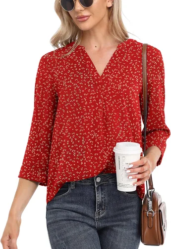 Vista 2 de VIISHOW Blusas casuales de gasa para mujer, manga 34, cuello en V, blusa holgada