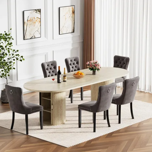 Vista 19 de Mesa de comedor redonda extensible de 94 pulgadas con base de almacenamiento, mesa de comedor expandible natural para 10, mesa de comedor de madera