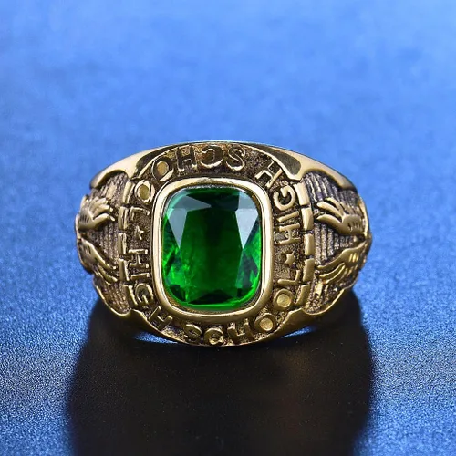 Vista 2 de MASOP Anillo de piedra verde de color esmeralda Joyería masculina de acero inoxidable Anillos de escuela secundaria de águila Tamaño 8-15