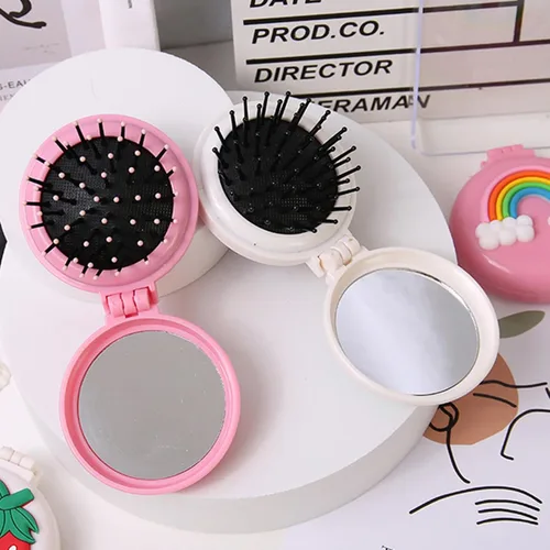 Vista 6 de Cepillo de pelo de viaje, peine de bolsillo con mini espejo, cepillos de pelo plegables compactos, redondos, mini peine de masaje compacto