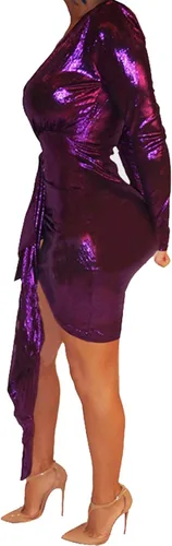 Vista 6 de BestGirl - vestido corto y sexy para mujer ajustado y brillante con cuello en V profundo manga larga para ir al club