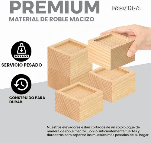 Vista 4 de FASONLA Elevadores de cama (juego de 4) – Elevadores de muebles de madera maciza de roble elevadores de altura de 2 pulgadas con agujero empotrado