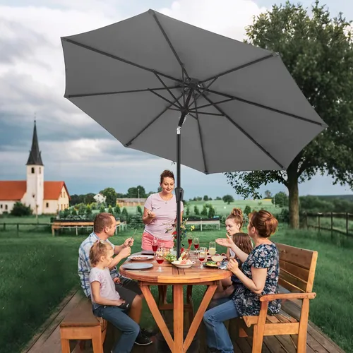 Vista 8 de FLAME&SHADE Sombrilla de patio de 11 pies, sombrilla de mesa para exteriores con botón de inclinación y manivela, protección UV, 8 varillas