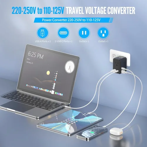 Vista 4 de Convertidor de voltaje de 220 V a 110 V de EE. UU. a Europa, adaptador de viaje convertidor de enchufe para Europa con 20 W PD y 2USB-A y 2USB-C