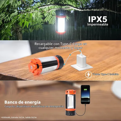 Vista 6 de Luces de campamento, linterna LED recargable portátil con 5 modos de iluminación, luz telescópica con luz de trabajo trípode, linterna desmontable