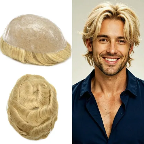 Vista 130 de Toupee for Men Hair Piece Real Human Hair Full Poly Skin Mens Toupee Mens Hair System Injected PU Hair System Invisible Hairpiece for