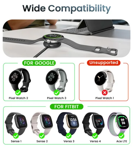 Vista 2 de Cable de carga USB A + tipo C de 3.3 pies compatible con Google Pixel Watch 2/3, cargador magnético de repuesto para Fitbit Sense 1/2, Versa