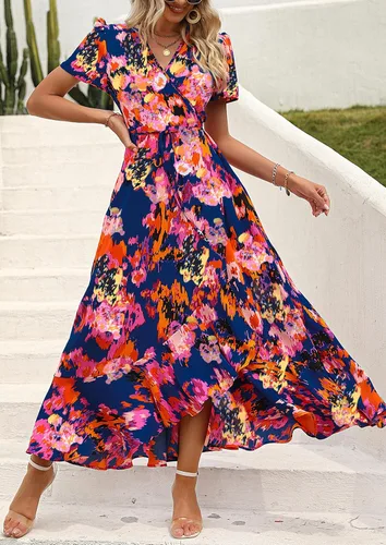 Vista 5 de PRETTYGARDEN - Vestido largo de verano cruzado para mujer, con cuello en V, estilo bohemio, floral, manga corta, dobladillo con volantes