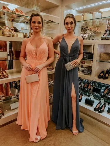 Vista 5 de Clothfun Vestidos de dama de honor con cuello en V para mujer, vestidos largos y simples con abertura Cf078