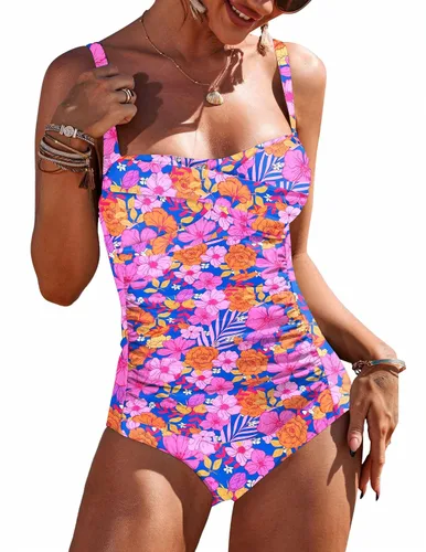 Vista 27 de Ekouaer Traje de baño de una pieza para mujer, con control de abdomen, fruncido, estilo vintage, retro, con efecto de realce Azul