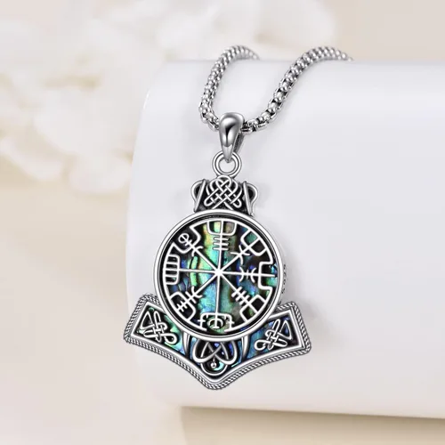 Vista 2 de YFN Collar vikingo de plata de ley con colgante de talismán nórdico Vegvisir, joyería vikinga, regalo gótico de bruja para mujeres y hombres