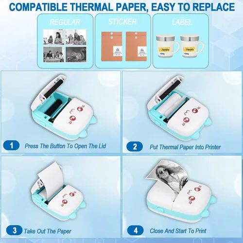 Vista 5 de Impresora portátil, mini impresora térmica inalámbrica Bluetooth de bolsillo con 6 rollos de papel de impresión para teléfono inteligente Android