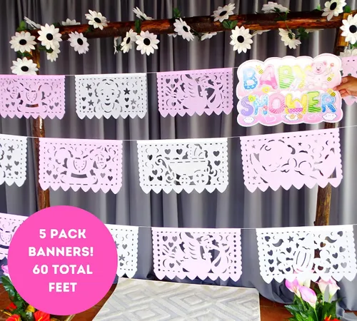 Vista 6 de Pancartas de fiesta de baby shower de niña rosa/blanca – Decoraciones de baby shower rosa Fiesta Papel Picado, guirnaldas de papel con serpentinas