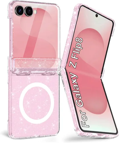 Vista 9 de Btscase Funda para Samsung Galaxy Z Flip 6, protector de pantalla frontal integrado, patrón de mármol dorado con purpurina de policarbonato duro