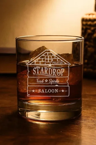 Vista 9 de Hat Shark Stardrop Saloon - Letrero de parodia de juego de comida rústica con logotipo - Vaso de whisky escocés grabado con láser 3D, 10.5 onzas