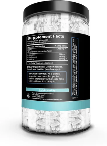 Vista 2 de Pure Original Ingredients BCAA (730 cápsulas) sin magnesio o rellenos de arroz, siempre puro, verificado por laboratorio