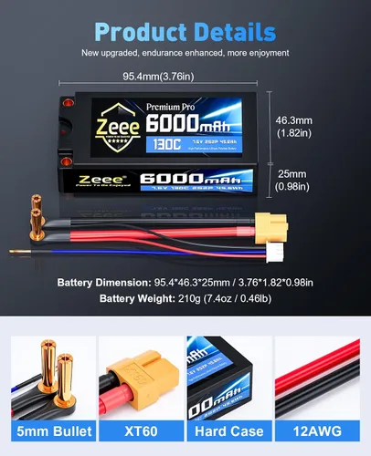 Vista 3 de Zeee Premium Pro 2S 6000mAh Lipo Batería 7.6V 130C con conector de bala a XT60 de 0.197 in, resistencia interna ultrabaja, carcasa rígida para auto