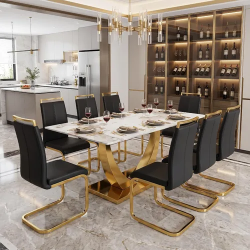 Vista 31 de Juego de mesa de comedor blanca para 6, 71 pulgadas, juego de mesa de comedor de mármol sintético para 6 Modern Dining Table Set for 6, Black PU