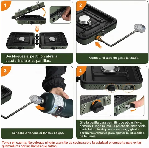 Vista 7 de Estufa de camping de propano de 2 quemadores, estufa de gas plegable portátil para acampar con 17200 BTU, dos quemadores ajustables con mango