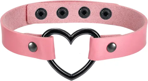 Vista 12 de Gargantilla de cuero con dije de corazón punk ajustable de 13 a 15.7 pulgadas Negro