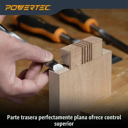 Vista 5 de Juego de cinceles de madera POWERTEC de 3 piezas - Cinceles de banco de borde biselado de 1", 3/4" y 1/2" con tapa de golpe, hojas de acero al cromo